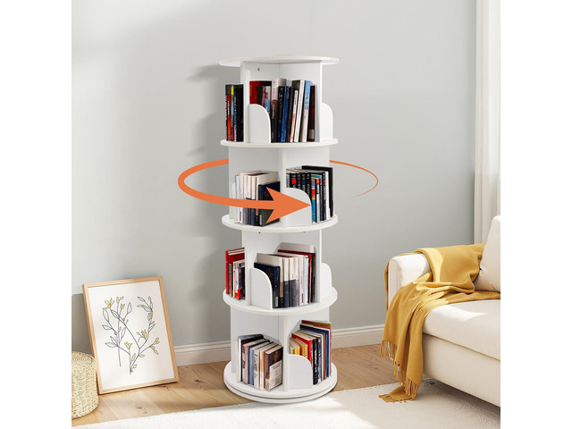 Wooden Rotating Bookshelf, White, 4 Tier Kids Bookshelf 360Â° Spinning, For Kids & Small Spaces, Corner Shelf Storage Organizer, Multi-Functional
