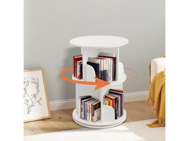 Wooden Rotating Bookshelf, White, 2 Tier Kids Bookshelf 360° Spinning, For Kids & Small Spaces, Corner Shelf Storage Organizer, Multi-Functional