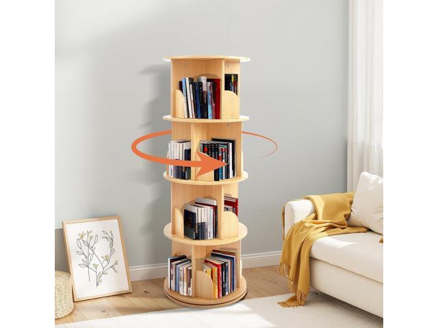 Wooden Rotating Bookshelf, 4 Tier Kids Bookshelf 360° Spinning, For Kids & Small Spaces, Corner Shelf Storage Organizer, Multi-Functional