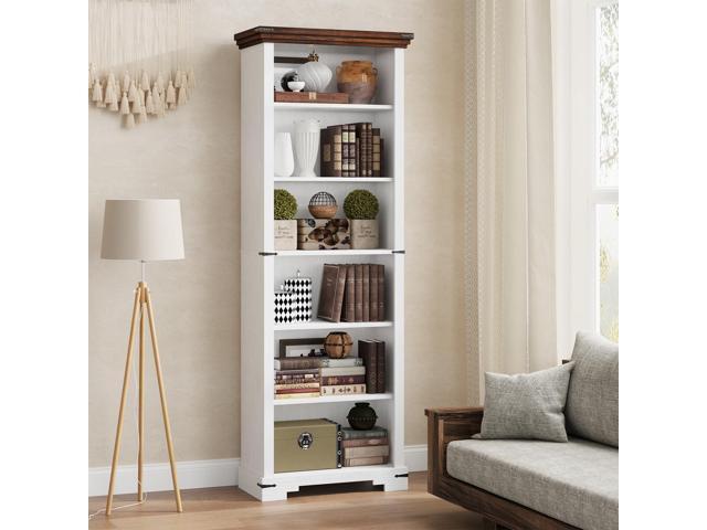 6-Tier Farmhouse Bookshelf, 73 inch Tall Book Shelf with Unique Design & 2 Adjustable Shelves, Wooden Bookshelf for Study Room, Living Room,...