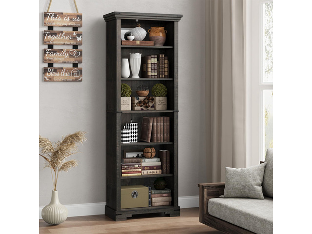 6-Tier Farmhouse Bookshelf, 73 inch Tall Book Shelf with Unique Design & 2 Adjustable Shelves, Wooden Bookshelf for Study Room, Living Room,...