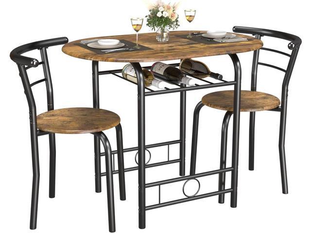 3-Piece Wooden Round Table & Chair Set, Space Saving Kitchen Breakfast Nook Wood Grain Tabletop with Metal Frame and Built-in Wine Rack for...