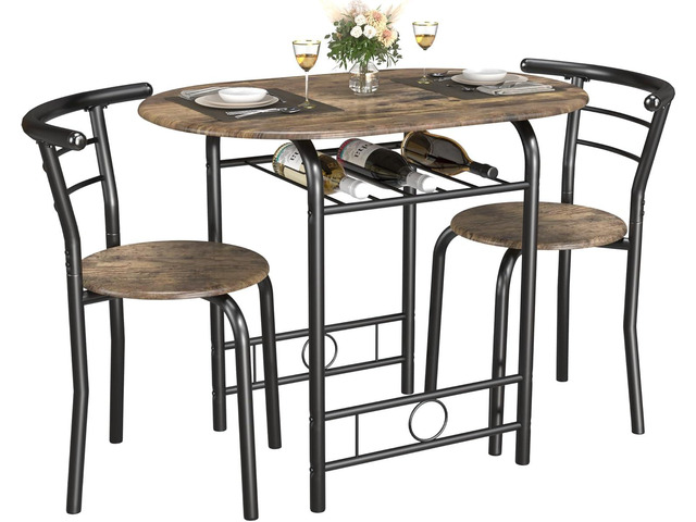 3-Piece Wooden Round Table & Chair Set, Space Saving Kitchen Breakfast Nook Wood Grain Tabletop with Metal Frame and Built-in Wine Rack for...
