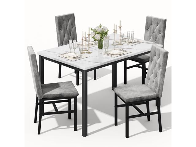 Dining Table Set for 4, Faux Marble Small Kitchen Table Chairs Set of 4 with Luxurious Button Tufted Dinner Chairs for Kitchen and Dining