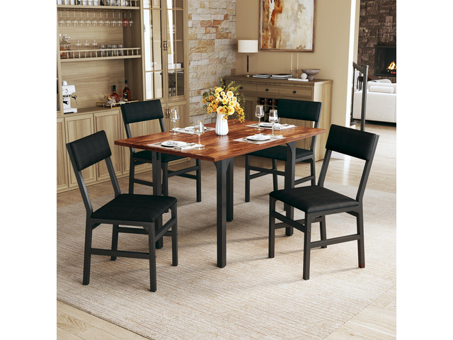 Dining Table Set for 4, Extendable Kitchen Table Cushion Chairs Set of 4, Rectangle Dining Table with Metal Frame & MDF Board, Folding for Small...