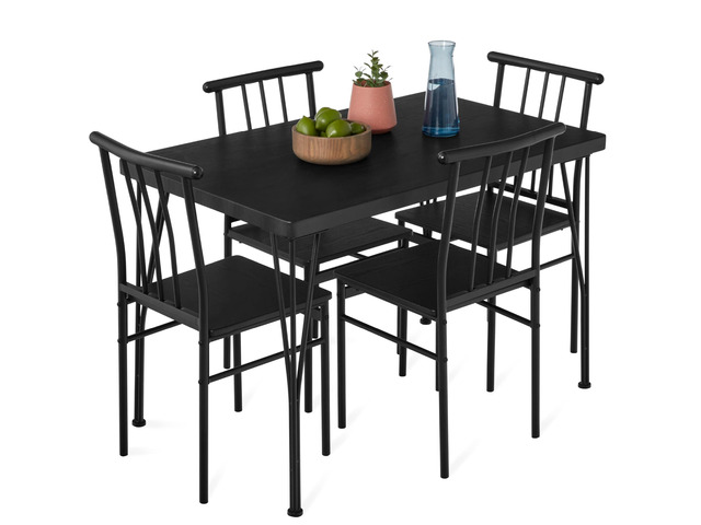 5-Piece Metal and Wood Indoor Modern Rectangular Dining Table Furniture Set for Kitchen, Dining Room, Dinette, Breakfast Nook w/ 4 Chairs - Black