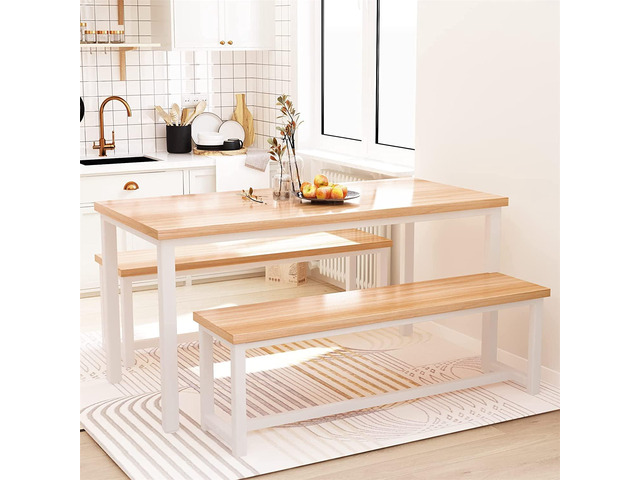 Dining Room Table Set with 2 Benches, Farmhouse Dining Table Set for 4, Wood Breakfast Dinner Table Set for Breakfast Nook Small Spaces, Beige