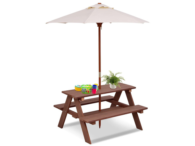 Kids Picnic Table, Outdoor Wooden Bench Set w/Removable Umbrella, Children Backyard Furniture for Patio Garden, Toddler Picnic Table for Outdoors,...