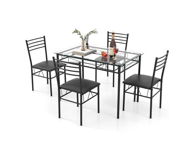 5 Piece Dining Table Set, Kitchen Dining Set with Tempered Glass Table Top and 4 Upholstered Chairs, Dinette Set for 4 for Breakfast Nook Dining.