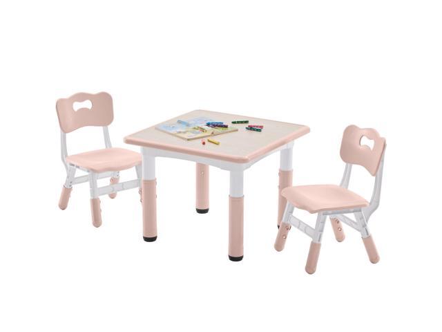 Kids Table and 2 Chairs Set, Height-Adjustable Toddler Table and Chair Set with Graffiti Desktop, 23.6''L x 23.6''W Children Activity Table for.