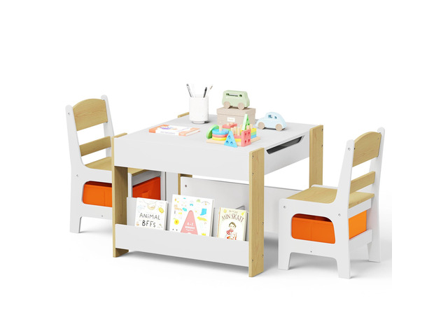 Kids Wood Table & 2 Chairs Set, Blackboard,Bookshelf, Natural 4 in 1 Children Activity Table w/Storage, Studying, Drawing, Toddler Furniture Set...