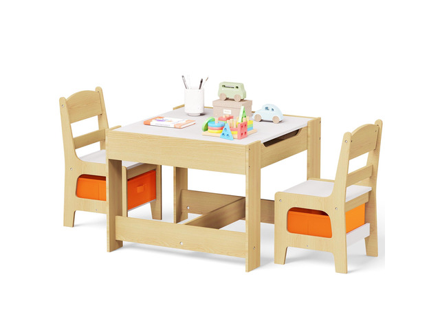 Kids Wood Table & 2 Chairs Set, Blackboard, Storage, Natural 3 in 1 Children Activity Table, Studying, Drawing, Toddler Furniture Set for...