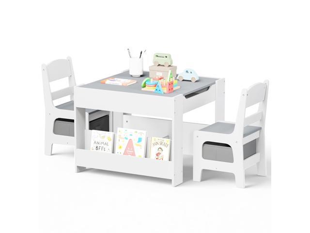 Kids Wood Table & 2 Chairs Set, Blackboard,Bookshelf, Grey 4 in 1 Children Activity Table w/Storage, Studying, Drawing, Toddler Furniture Set for...