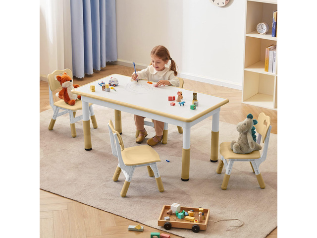 Toddler Table and Chairs Set for 4, 47.2''L x 23.6''W Kids Study Table and Chair Set, Height-Adjustable, Graffiti Desktop, Children Activity Table...