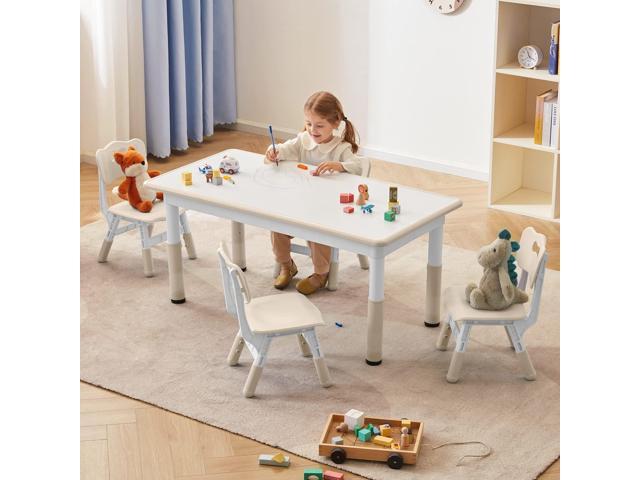 Toddler Table and Chairs Set for 4, 47.2''L x 23.6''W Kids Study Table and Chair Set, Height-Adjustable, Graffiti Desktop, Children Activity Table.