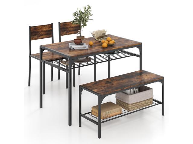 Dining Table Set for 4, Kitchen Table with Chairs & Bench, Storage Racks, Metal Frame, 4-Piece Space-Saving Dinette Set for Dining Room, Breakfast...