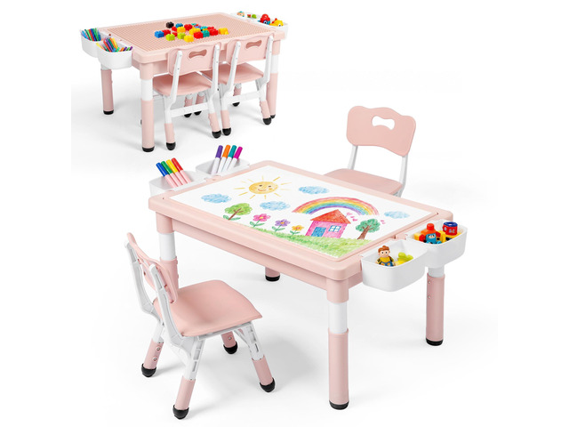 Kids Table & 2 Chairs Set, Height Adjustable Children Activity Table w/Storage, Graffiti & Building Blocks Tabletop, Toddler Furniture Set for...