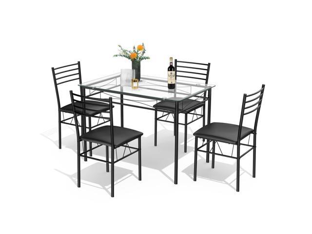 Dining Table Set, 5 Pieces Dining Set with Tempered Glass Top Table and 4 Chairs, Kitchen Dining Room Furniture, Black