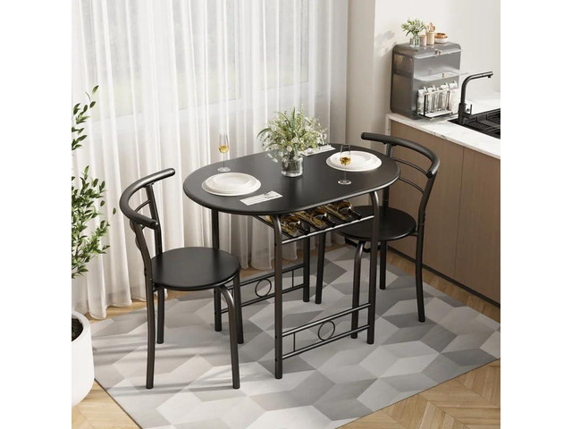 3-Piece Wooden Dining Table Set, Kitchen Breakfast Nook Sets with 2 Chairs & Round Tabletop, Space Saving Furniture Metal Frame and Built-in Wine...