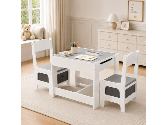 Kids Table and Chair Set, 4 in 1 Wooden Children Activity Table w/Storage, Reversible Deskboard, Blackboard, Detachable Tabletop for Toddlers Art...