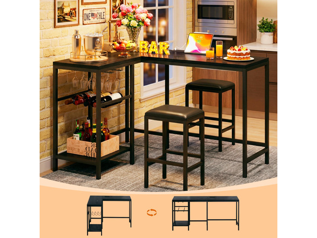 Bar Table and Chairs Set for 2-4, 3-Piece Convertible L-Shaped Dining Set with Storage Shelves & Cup Holder & Wine Rack, 63'' Corner Kitchen Table...