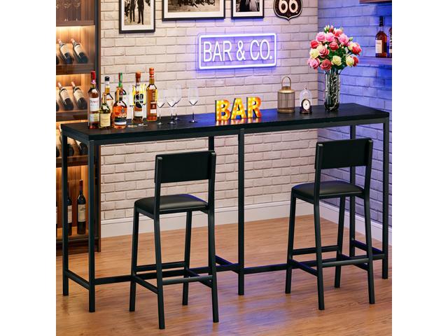 Bar Table and Chairs Set, 3 Piece Convertible L-Shaped Kitchen Table with 2 PU Leather Bar Stools, 63 Counter Height Small Dining Table with Power...