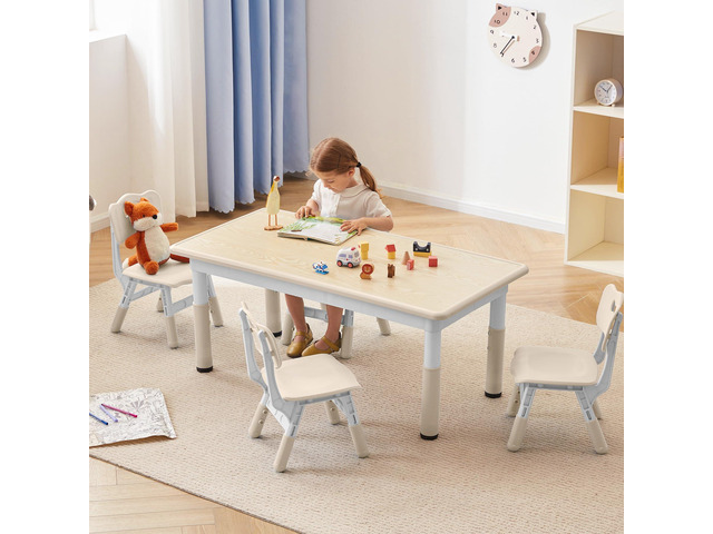 Kids Study Table and Chairs Set, Height Adjustable Toddler Table and Chair Set for Kids Ages 3-8, Graffiti Desktop (Burlywood - 2)