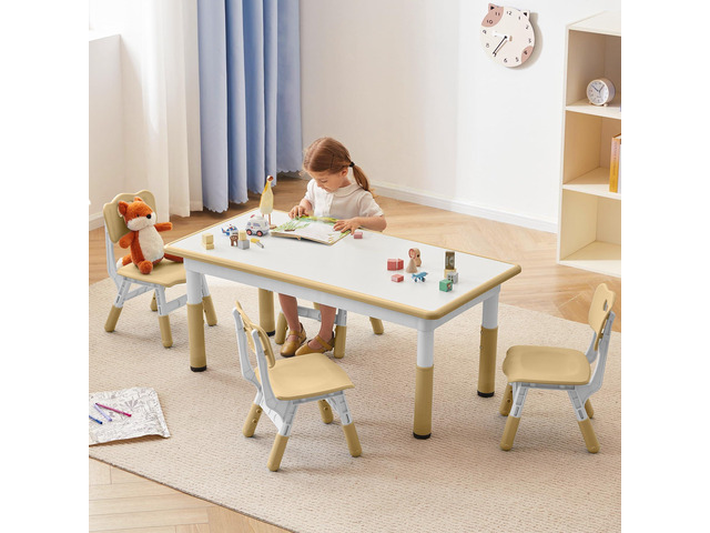 Kids Study Table and Chairs Set, Height Adjustable Toddler Table and Chair Set for Kids Ages 3-8, Graffiti Desktop (Light Brown)