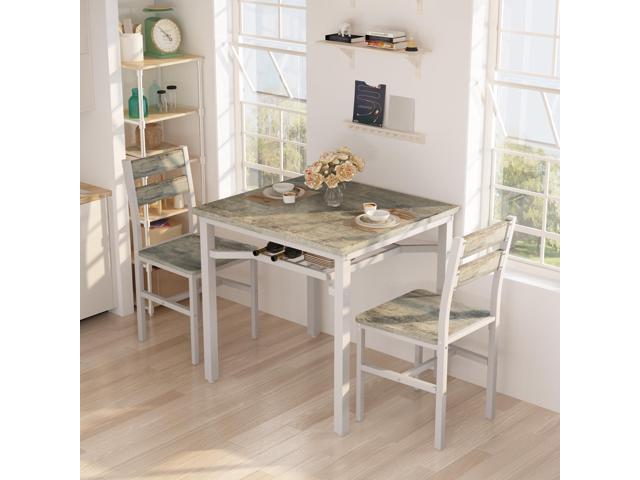 3 Piece Dining Table Set for 2, Small Wooden Kitchen Table with Storage, Farmhouse Square Dinette Set for Dining Room, Breakfast Nook, Apartment,.