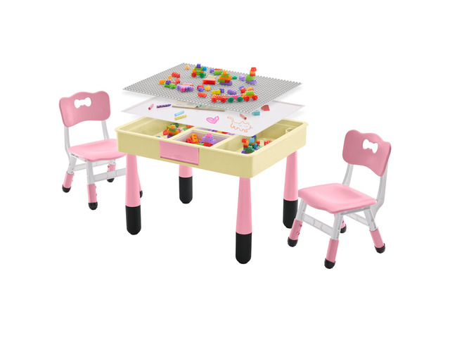 4 in 1 Kids Table and 2 Chairs Set with Storage, Toddler Table and Chair Set for Kids Ages 3-10, Graffiti & Building Blocks Double-Sided Tabletop...