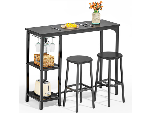 Small Bar Table Set for 2, Bar Table and Chairs Set for 2, Kitchen Table for 2 with 2 Storage Shelves & Wine Glass Holder, Dining Table for Small...