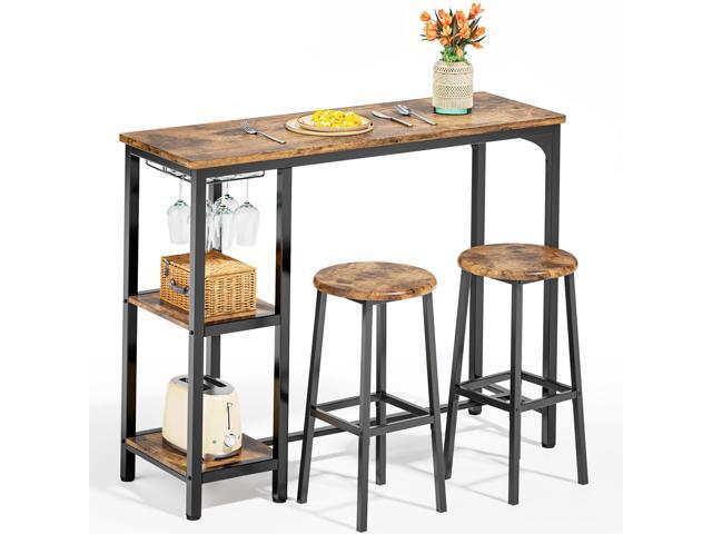 3-Piece Bar Table Set for 2, Bar Height Table with Stools & 2 Storage Shelves, Small Bar Table Set with Glass Rack, Small Kitchen Table for Dining.