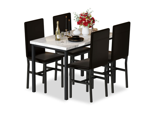 Dining Table Set for 4, Modern Faux Marble Kitchen Table with 4 PU Leather Chairs, 5 Piece Dining Room Sets for Dinette, Breakfast Nook, Black