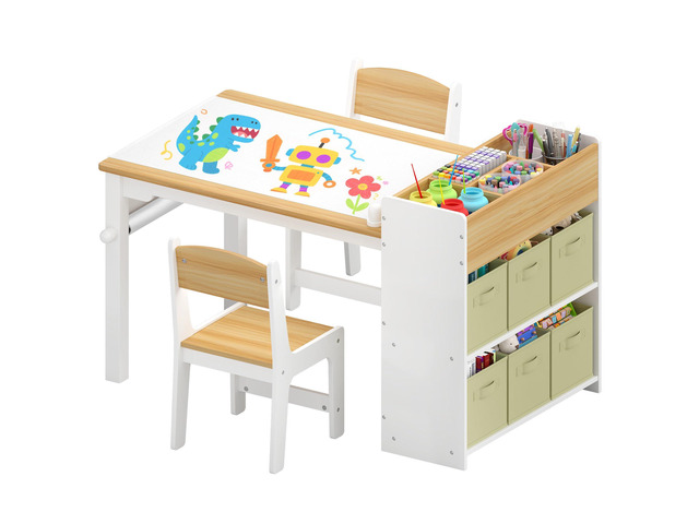 Kids Art Table and Chair Set, Craft and Play Wood Activity Table with Storage Bins and Paper Roll, Toddler Desk for Playroom/Nursery/Home, Kids...