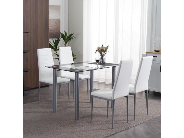 5-Piece Dining Table Set with 4 Leather Chairs, Easy Assembly 4 White PU chairs & 43.3' glass tabletop, space-saving design, for.