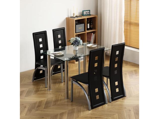 Glass Dining Table Set for 4, PVC Chairs,Silver Leg,Easy Assembly Glass tabletop, 4 PVC chairs, space-saving, high back for long seating, for.