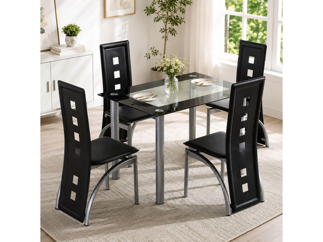 5-Piece Dining Table Set with 1 Glass Dining Table and 4 PVC Chairs, Modern Dining Table Set for Kitchen & Breakfast Dining Living Room, Space Saving