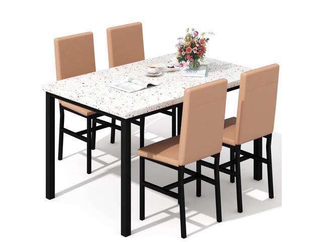 5 Piece Dining Table Set for 4, Small Faux Marble Kitchen Table with 4 PU Leather Chairs, Modern Dining Room Table Set for Small Space, Breakfast...