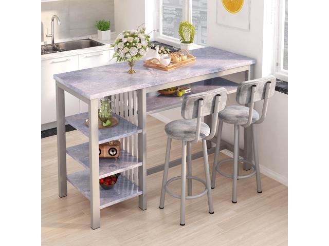 Furniture Kitchen Bar Height Table and Chairs for 2, 5-Tier Compact Dining Room Table, Gray Top and 2 PU Leather Upholstered Seat Black Frame,.