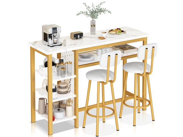 Furniture Kitchen Bar Height Table and Chairs for 2, 5-Tier Compact Dining Room Table, White Faux Marble Top and 2 PU Leather Upholstered Seat,...