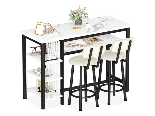 Furniture Kitchen Bar Height Table and Chairs for 2, 5-Tier Compact Dining Room Table, White Faux Marble Top and 2 PU Leather Upholstered Seat...