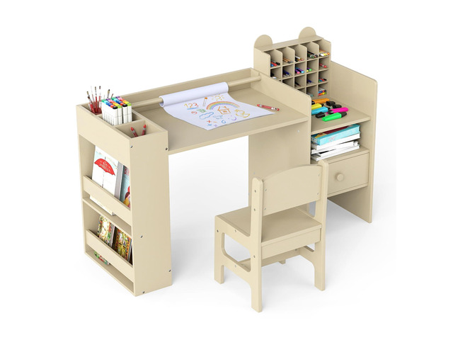Kids Study Desk and Chair Set, Wooden Learning Table with Storage Hutch, Drawer, Paper Roll, Round MDF Student Furniture for Writing, Drawing, Ages 3+