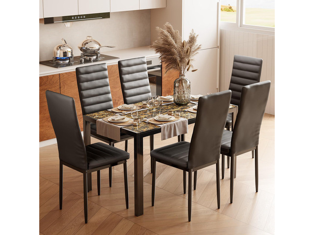 Kitchen Dining Table Set for 6, Tempered Glass 7 Piece Table and Chairs Set Modern for Home, Kitchen, Living Room, Dining Room, Marble