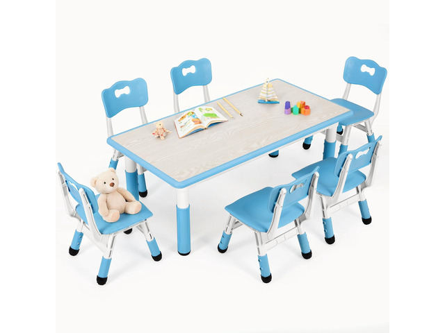 Kids Table and 6 Chairs Set, Height Adjustable Graffiti Desk, Preschool Activity Art Craft Table, for Daycare Classroom Home Boys and Girls Age...