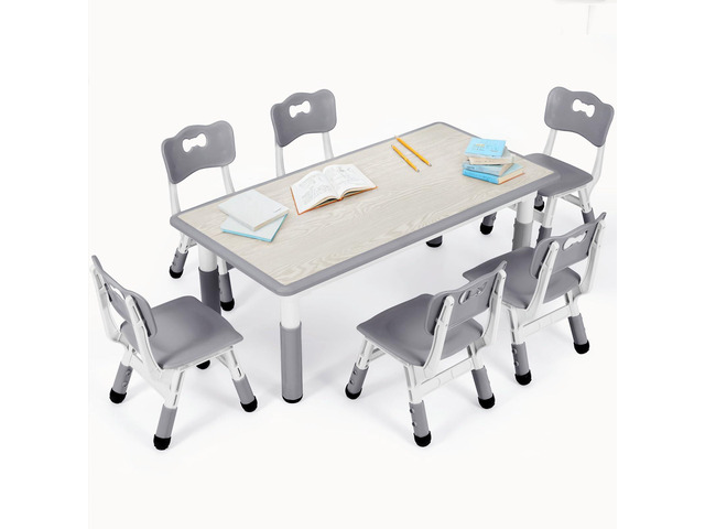 Kids Table and 6 Chairs Set, Height Adjustable Graffiti Desk, Preschool Activity Art Craft Table, for Daycare Classroom Home Boys and Girls Age...