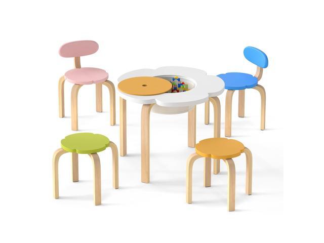 Kids Table and Chairs, 5 PCS Wooden Flower-Shaped Activity Desk with Hidden Storage Space, 2 Chairs & 2 Stools, Toddler Table and Chair Set for.