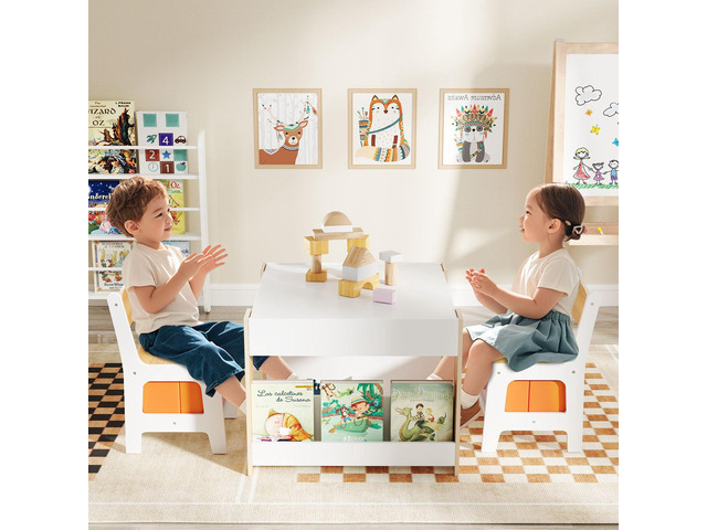 Kids Table and Chairs, 4 in 1 Wooden Activity Table with Bookshelves, Storage Drawer, Reversible Tabletop & Chalkboard, Toddler Table and Chair Set...