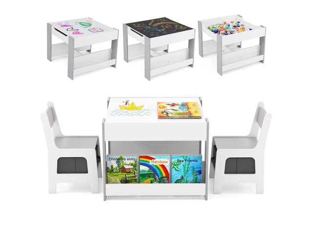 Kids Table and Chairs, 4 in 1 Wooden Activity Table with Bookshelves, Storage Drawer, Reversible Tabletop & Chalkboard, Toddler Table and Chair Set...