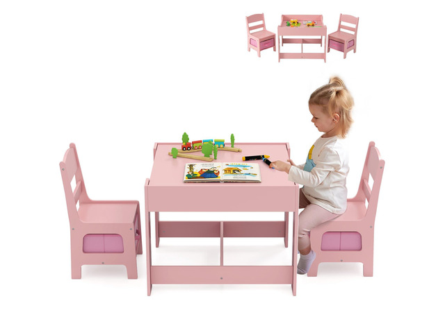 Kids Table and Chairs, 3 in 1 Wooden Kids Table with Storage Drawer, Removable Blackboard, Reversible Tabletop, Toddler Table and Chair Set for...