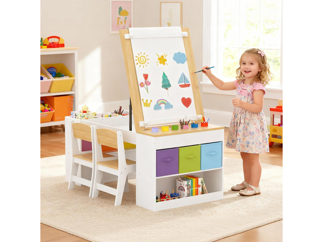 Kids Art Table and 2 Chairs Set, Wooden Craft Desk with 2 Storage Shelves, 6 Storage Bins & Paper Roll for Drawing, Learning and Reading, Toddler...